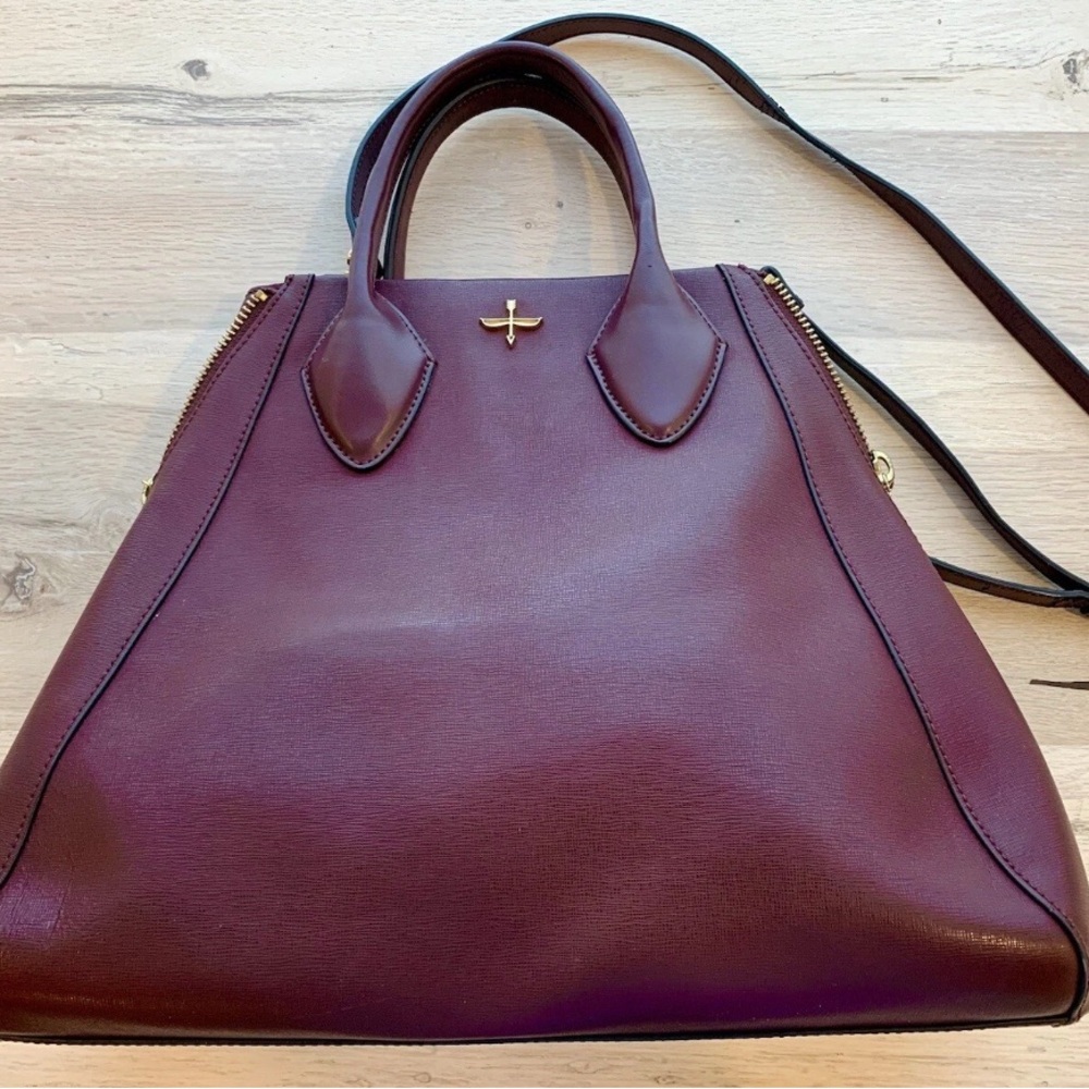 Pour la Victoire Maroon Leather Handbag Purse Gold Zippers